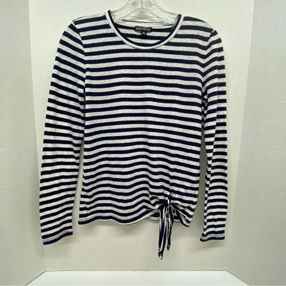 J Crew Mercantile Womens Blue White Striped Long Sleeve Tee XS Side Knot Tie Top